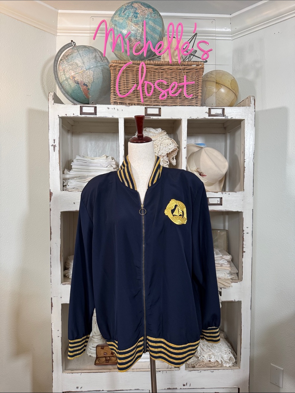 Vintage Graver Studio Nautical Navy and Gold Striped Bomber Collar Jacket